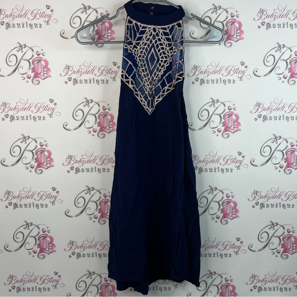 Free People tallow dress mock neck open back Navy and Beige Backless Dress